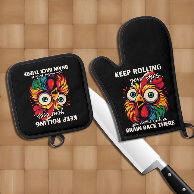 Funny Chicken Rolling Eye Quote Oven Mitt & Pot Holder Set (Creator Uploaded)