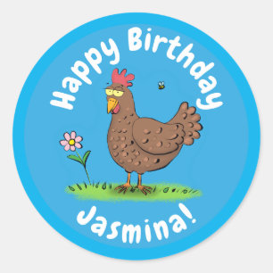 Funny chicken rustic cartoon illustration classic round sticker