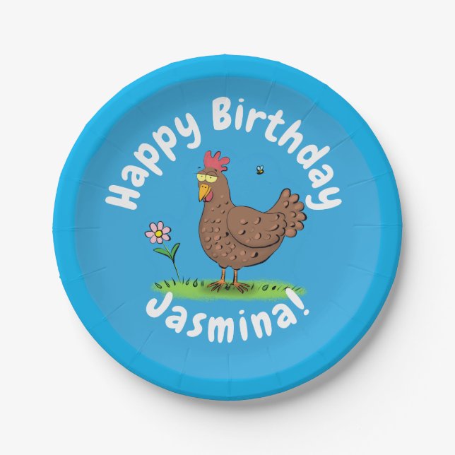 Funny chicken rustic cartoon illustration paper plate (Front)