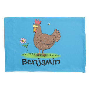 Funny chicken rustic cartoon illustration pillowcase