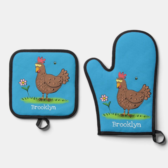 Funny chicken rustic whimsical cartoon oven mitt & pot holder set (Front)
