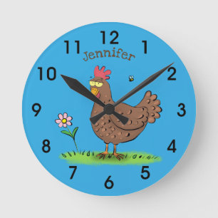 Funny chicken rustic whimsical cartoon round clock
