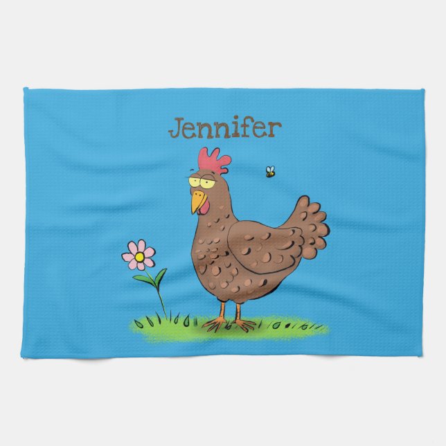 Funny chicken rustic whimsical cartoon tea towel (Horizontal)