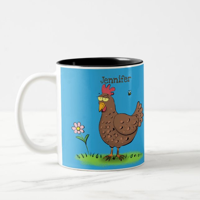 Funny chicken rustic whimsical cartoon Two-Tone coffee mug (Left)