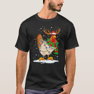 Funny Chicken Santa Reindeer With Lights Christmas T-Shirt