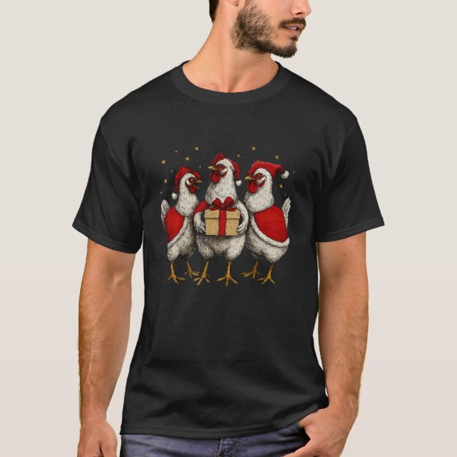 Funny Chicken Santa Xmas Tree Farm Merry Christmas T-Shirt (Front)