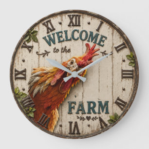 Funny Chicken Welcome to the Farm Rustic Large Clock