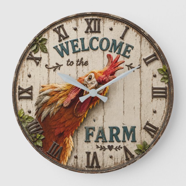 Funny Chicken Welcome to the Farm Rustic Large Clock (Front)