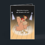 Funny Chickens Ballroom Dancing Cartoon for Dancer Card<br><div class="desc">This humourous greeting card is perfect for chicken lovers or dancers. It has two cartoon chickens dancing in a ballroom with spotlights. It says, "What kind of dance will chickens NOT do?" ----- Inside is the funny pun answer. ----- You can change the text if you want. The message inside...</div>