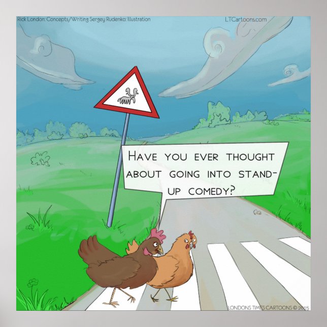 Funny Chickens Crossing Road Cartoon Poster (Front)