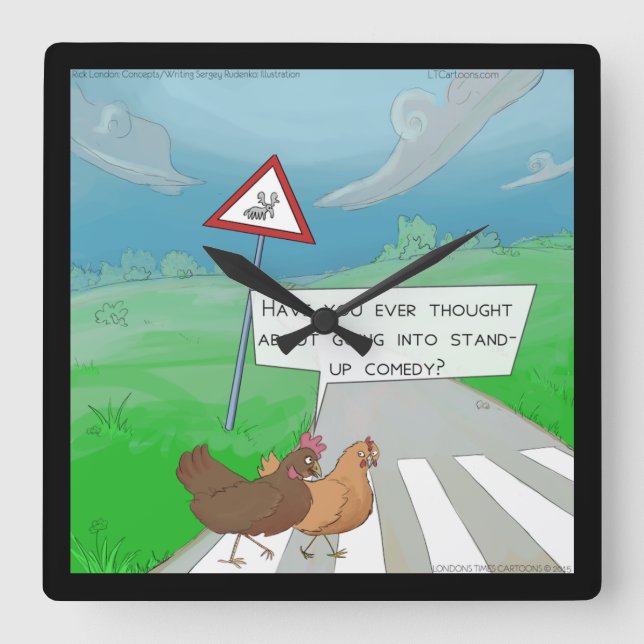 Funny Chickens Crossing Road Square Wall Clock (Front)