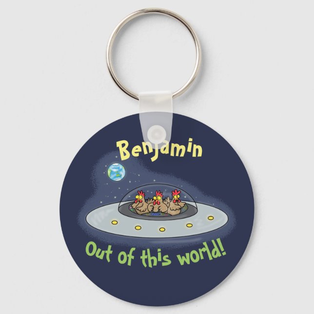 Funny chickens in flying saucer cartoon keychain (Front)