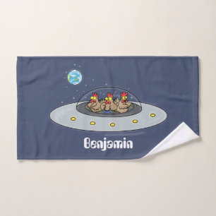 Funny chickens in space cartoon illustration bath towel set