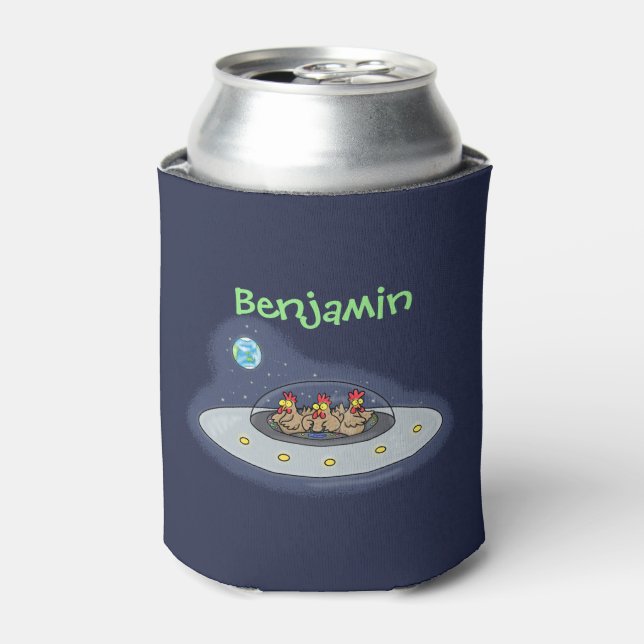 Funny chickens in space cartoon illustration can cooler (Can Front)