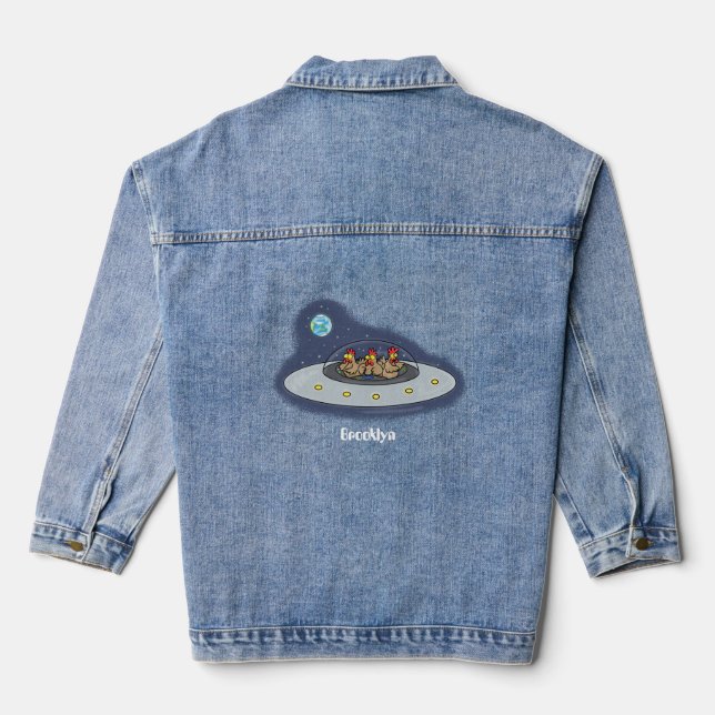 Funny chickens in space cartoon illustration denim jacket (Back)