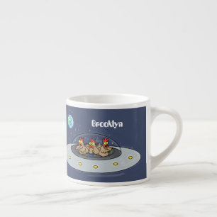 Funny chickens in space cartoon illustration espresso cup