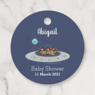 Funny chickens in space cartoon illustration favour tags