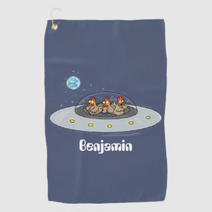 Funny chickens in space cartoon illustration golf towel
