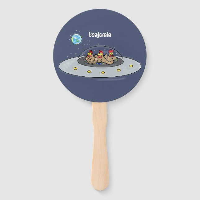 Funny chickens in space cartoon illustration  hand fan (Front)