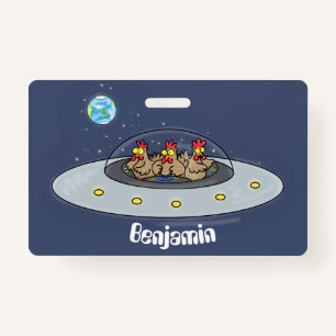 Funny chickens in space cartoon illustration ID badge