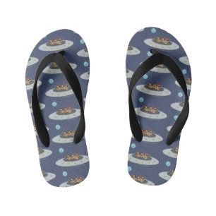 Funny chickens in space cartoon illustration kid's flip flops