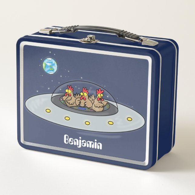 Funny chickens in space cartoon illustration metal lunch box (Front)