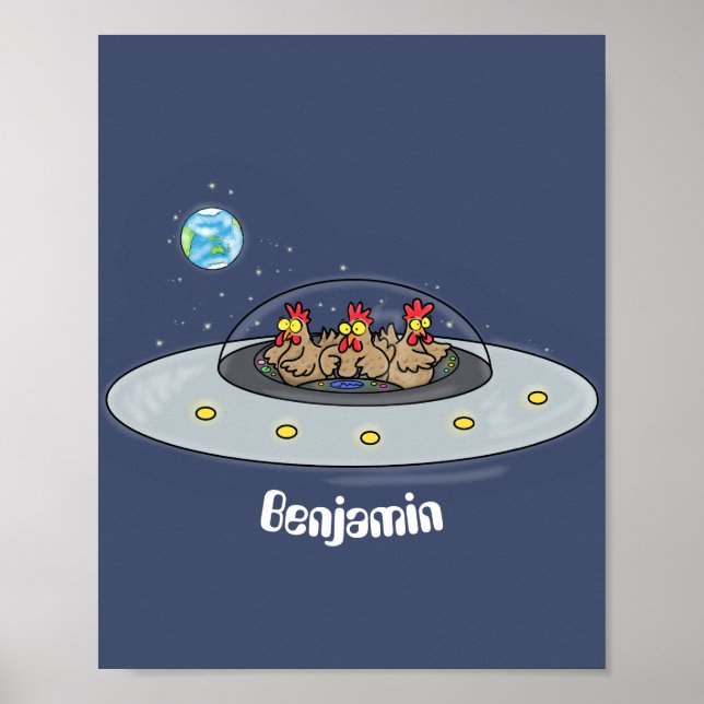 Funny chickens in space cartoon illustration poster (Front)