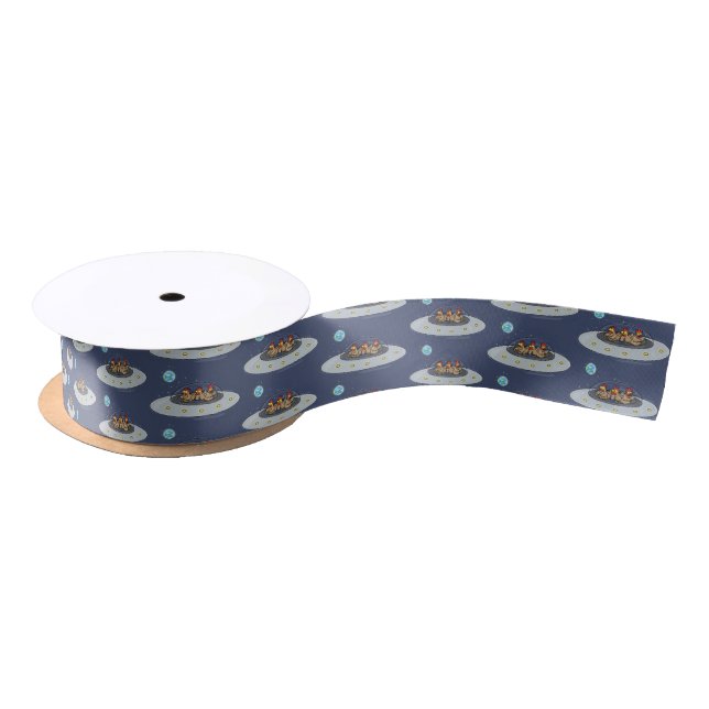 Funny chickens in space cartoon illustration satin ribbon (Spool)