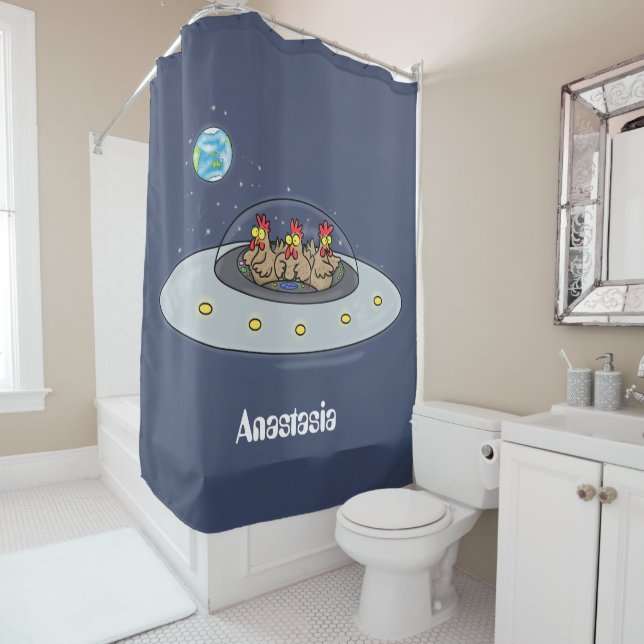 Funny chickens in space cartoon illustration shower curtain (In Situ)