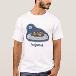Funny chickens in space cartoon illustration T-Shirt