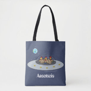Funny chickens in space cartoon illustration tote bag