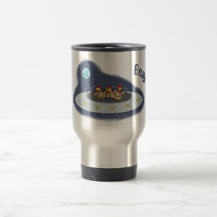 Funny chickens in space cartoon illustration travel mug