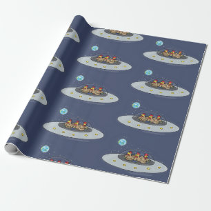 Funny chickens in space cartoon illustration wrapping paper