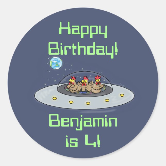 Funny chickens in spaceship cartoon classic round sticker (Front)