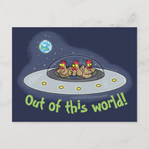 Funny chickens in spaceship cartoon postcard