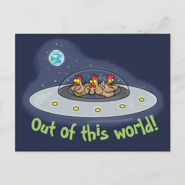 Funny chickens in spaceship cartoon postcard (Front)