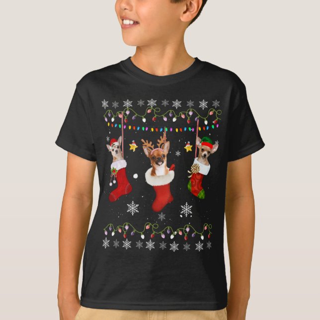 Funny Chihuahua Christmas Socks Lights Gift Dog Lo T-Shirt (Front)