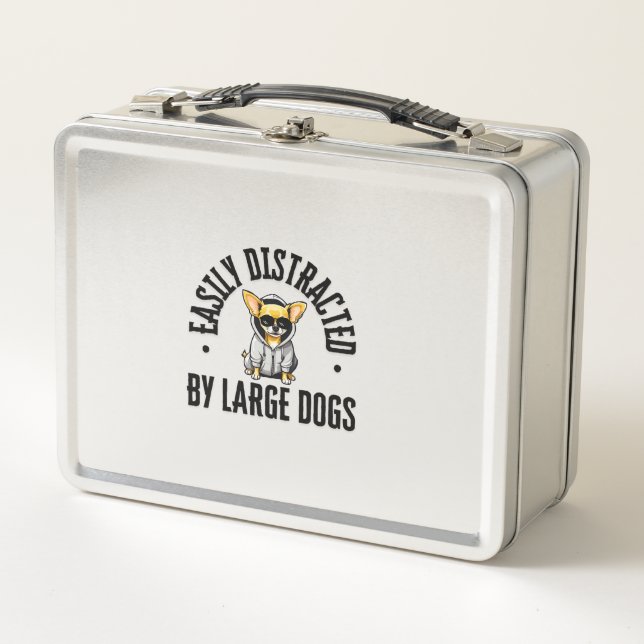 Funny Chihuahua Dog Easily Distracted By Large Dog Metal Lunch Box (Front)