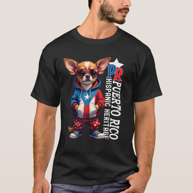 Funny Chihuahua Dog Puerto Rico Flag Hispanic Heri T-Shirt (Front)