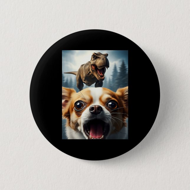 Funny Chihuahua Dog Selfie With T-rex Women Men Ki 6 Cm Round Badge (Front)