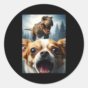 Funny Chihuahua Dog Selfie With T-rex Women Men Ki Classic Round Sticker