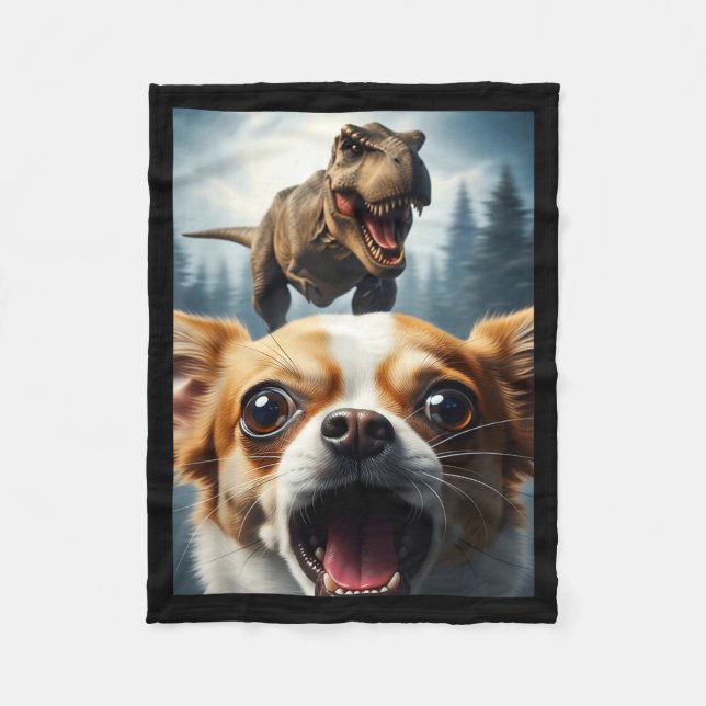 Funny Chihuahua Dog Selfie With T-rex Women Men Ki Fleece Blanket (Front)
