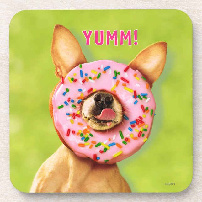 Funny Chihuahua Dog with Sprinkle Doughnut on Nose Coaster (Front)