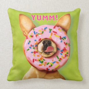 Funny Chihuahua Dog with Sprinkle Doughnut on Nose Cushion