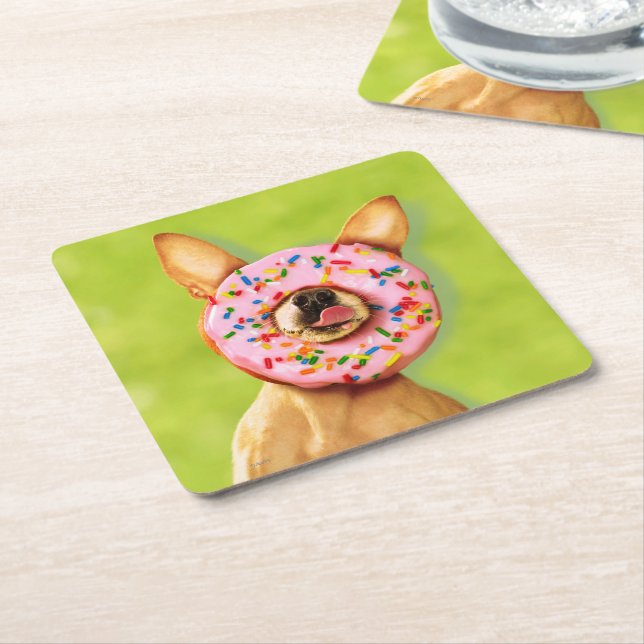 Funny Chihuahua Dog with Sprinkle Doughnut on Nose Square Paper Coaster (Angled)