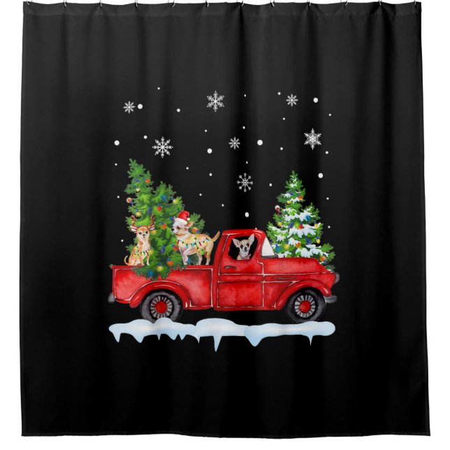 Funny Chihuahua With Red Truck Christmas Holiday Shower Curtain (Front)