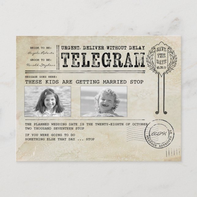Funny Childhood Photos | Save the Date Telegram Announcement Postcard (Front)
