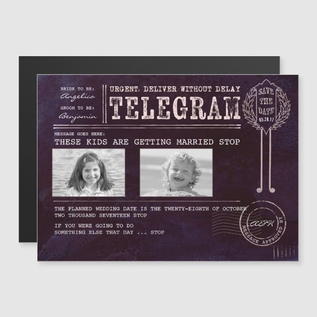 Funny Childhood Photos Save the Date Telegram Magnetic Invitation (Front/Back)