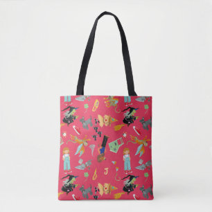 Funny children's characters on red tote bag