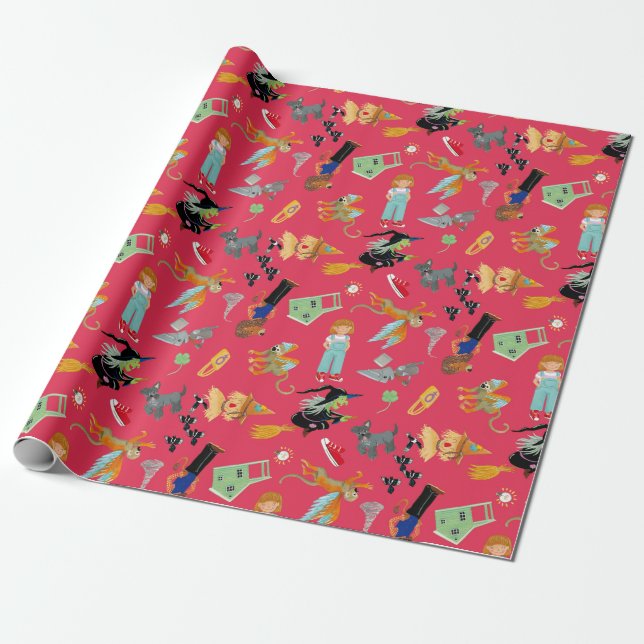 Funny children's characters on red wrapping paper (Unrolled)